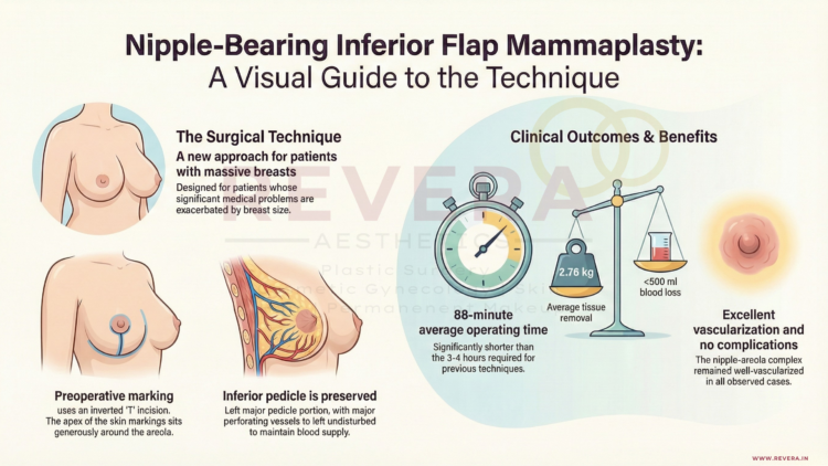 Image depicts infographic of Nipple Sparing Inferior Flap Mammaplasty, the time taken, amount of tissue removed and Blood loss