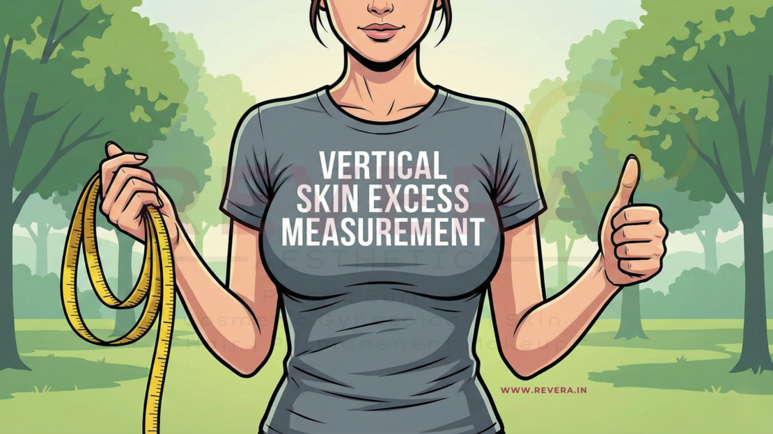 Woman in a Grey Shirt Giving a Thumbs up and holding a measuring tape in another hand. Dr. John Tebbetts Vertical Skin Excess measurement for Breast Reduction and Breast Lift Surgery