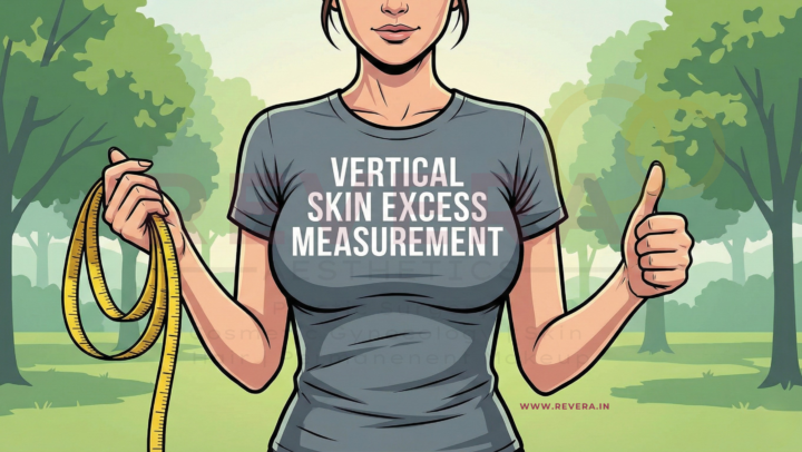 Woman in a Grey Shirt Giving a Thumbs up and holding a measuring tape in another hand. Dr. John Tebbetts Vertical Skin Excess measurement for Breast Reduction and Breast Lift Surgery