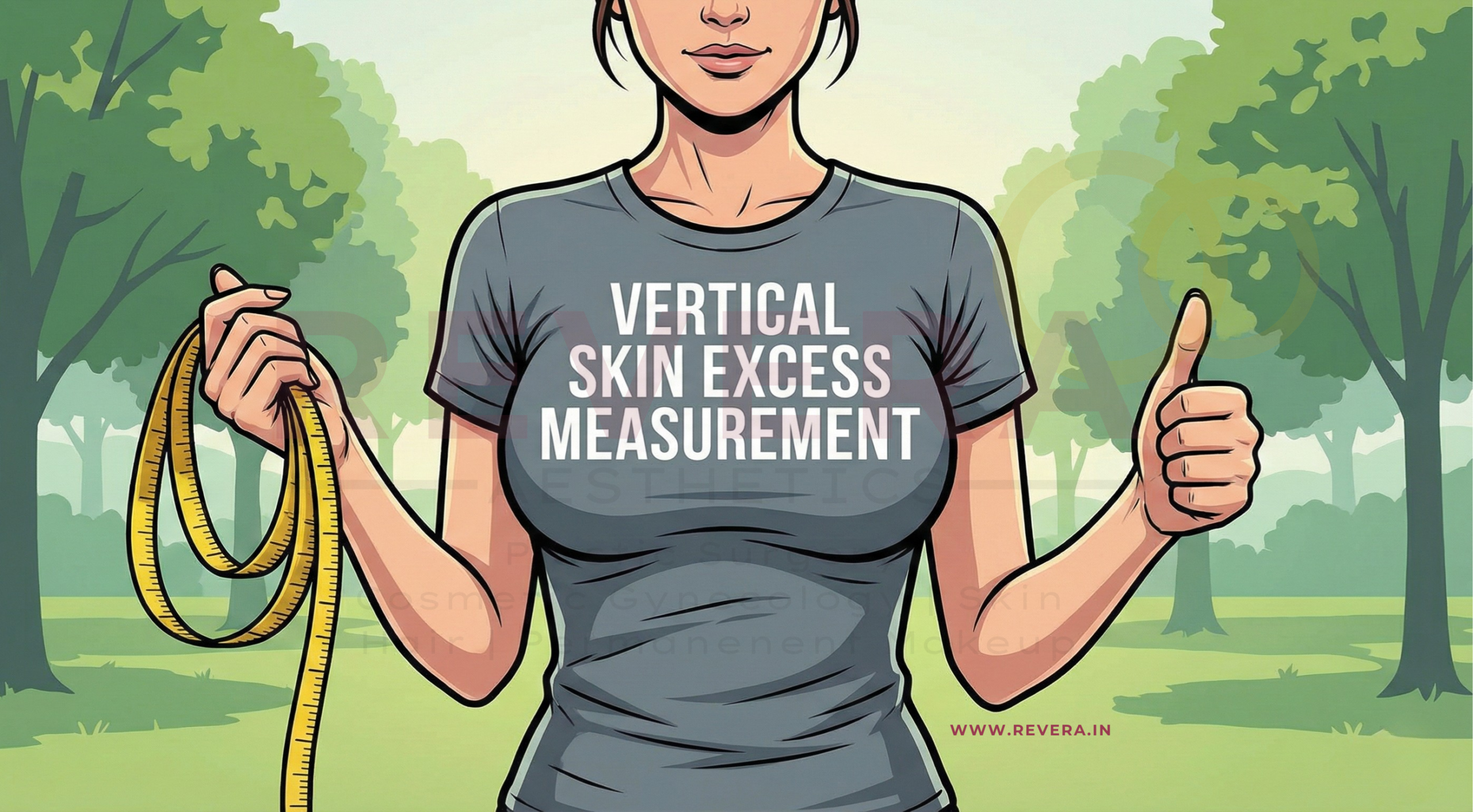 Woman in a Grey Shirt Giving a Thumbs up and holding a measuring tape in another hand. Dr. John Tebbetts Vertical Skin Excess measurement for Breast Reduction and Breast Lift Surgery