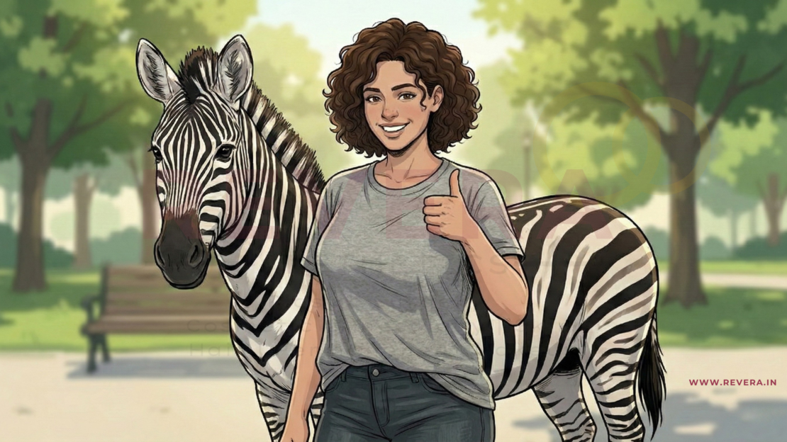 Zebra Technique to Prepare the Pedicle in Breast Reduction Surgery. A woman with Heavy Breasts is giving Thumbs up standing next to a Zebra