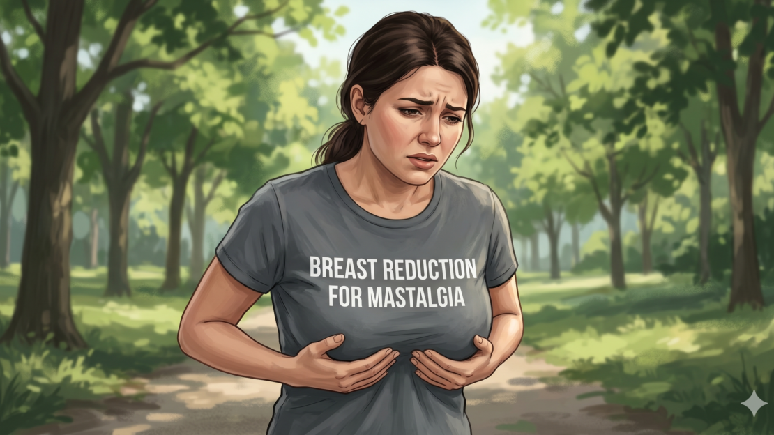 A Woman is holding her breasts from Pain – mastalgia. Caption on the T Shirts says Breast reduction for Mastalgia