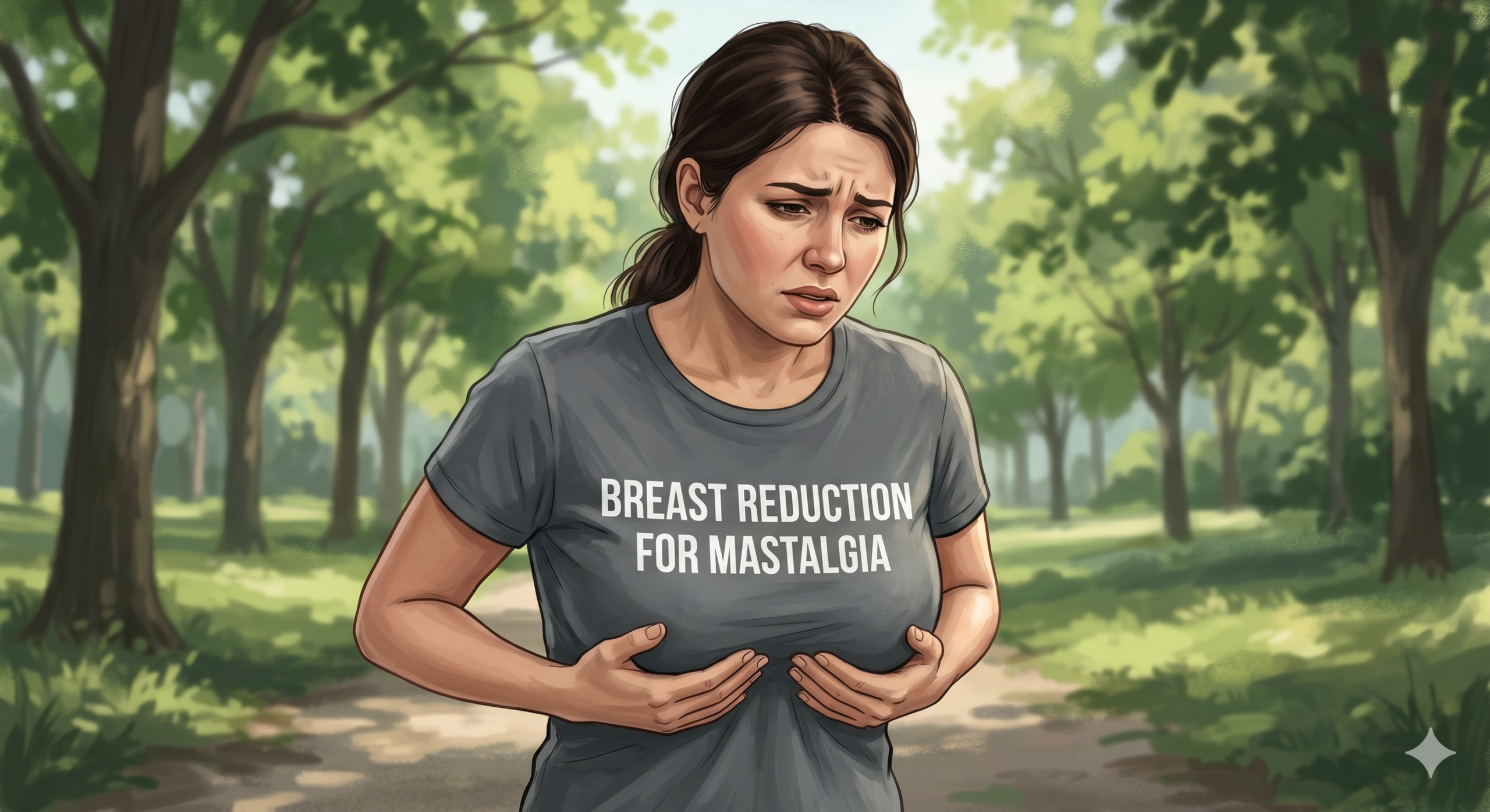 A Woman is holding her breasts from Pain – mastalgia. Caption on the T Shirts says Breast reduction for Mastalgia