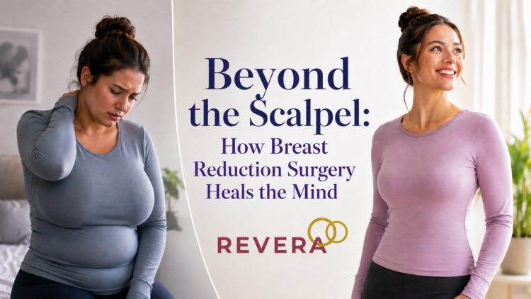 Before and after illustration of a woman feeling relief and confidence after breast reduction surgery, with Revera Clinic branding. Breast reduction Helps Improve Anxiety and Depression