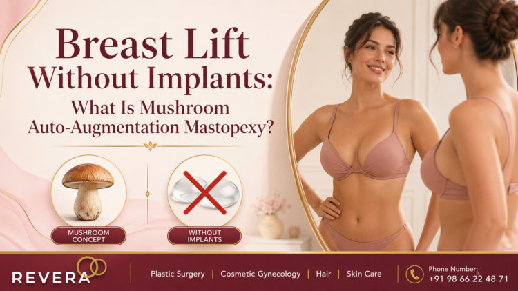 Breast Lift without Implants – Mushroom Augmentation Mastopexy. Woman with large breasts appreciating herself in the mirror