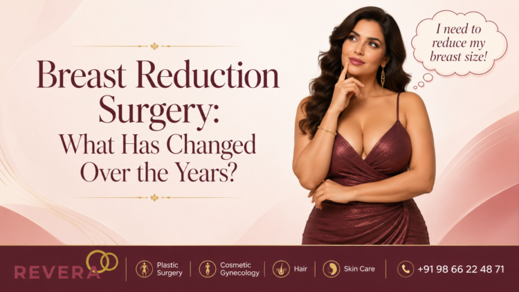 Breast reduction: what I have changed over the years Elizabeth J Hall-Findlay . Woman with heavy breasts in a party dress thinking about Breast reduction