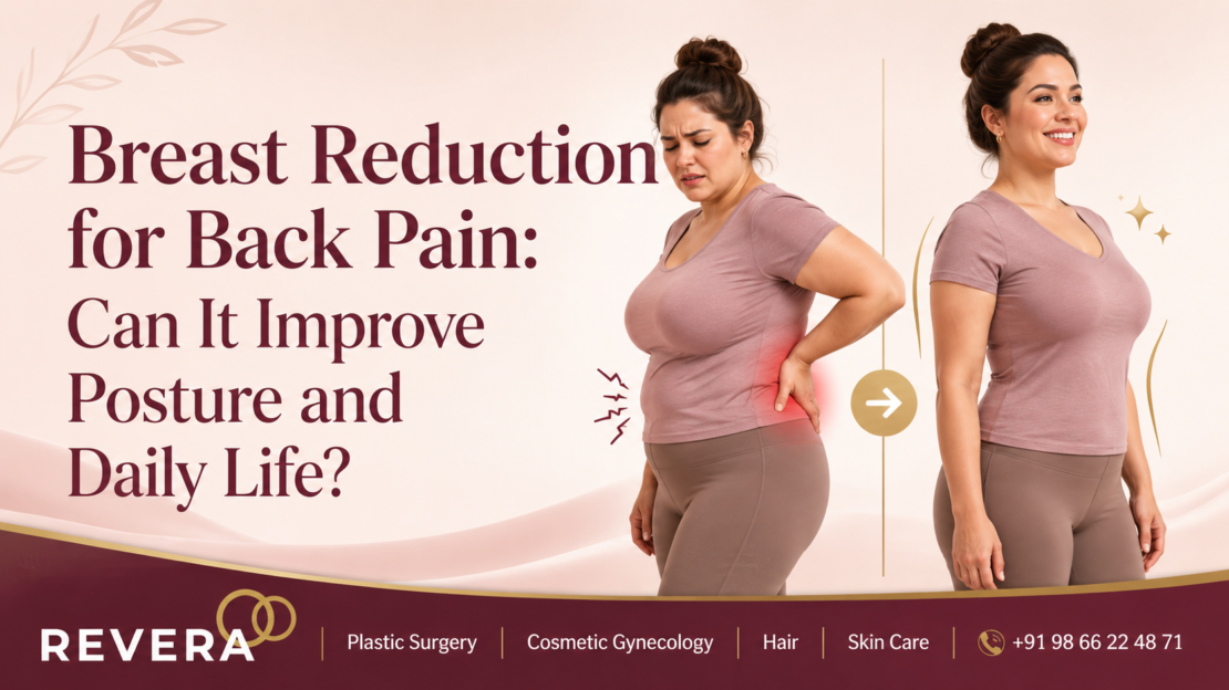 Breast Reduction for Back Pain. Image shows a woman with back pain and herself relieved after a breast reduction